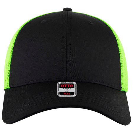 OTTO CAP "OTTO FLEX" 6 Panel Low Profile Mesh Back Trucker Hat OTTO 135-2 Otto Cap 030388 - Blk/Blk/N.Grn L/XL