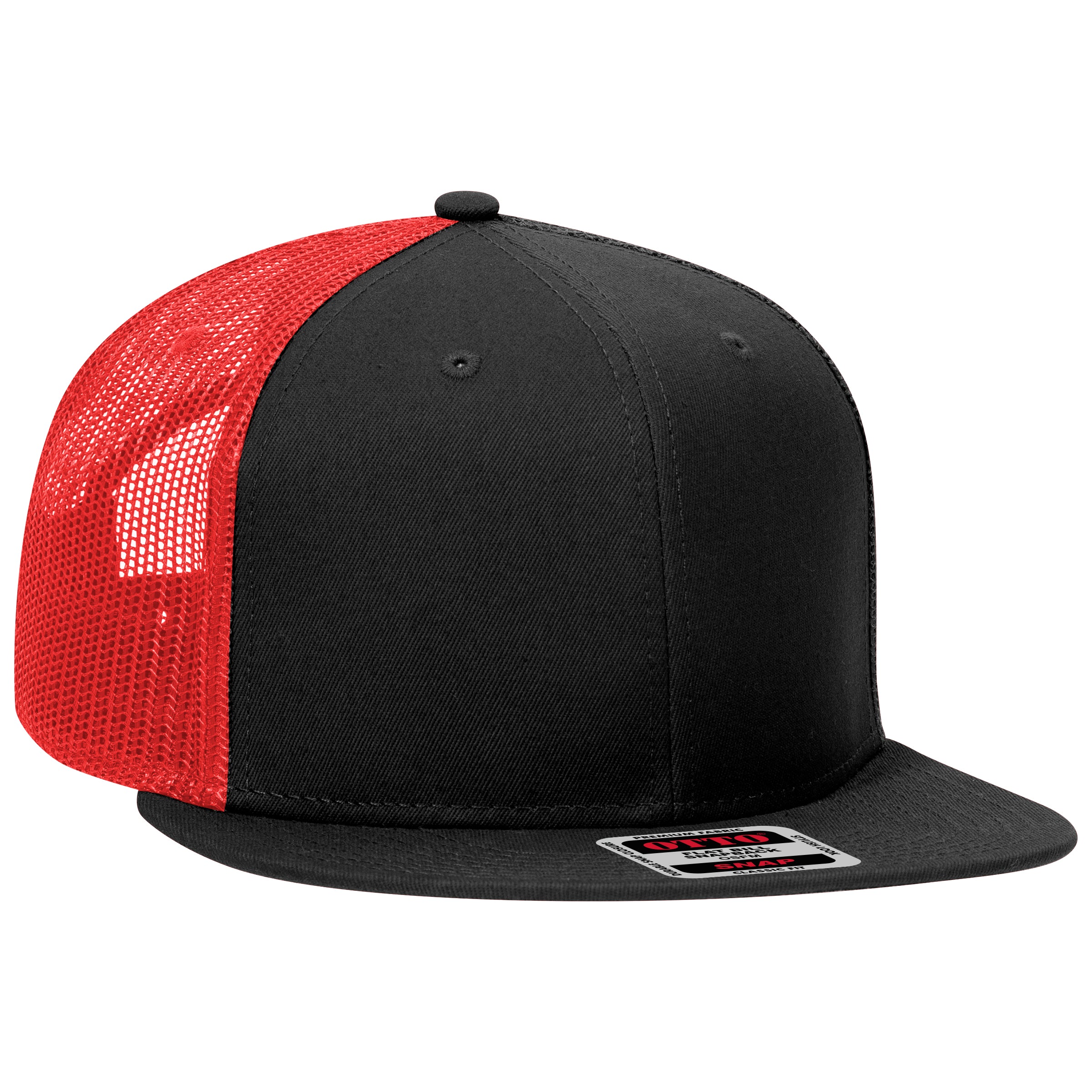 OTTO CAP "OTTO SNAP" 6 Panel Pro Style Mesh Back Trucker Snapback Hat OTTO 141-1070 Otto Cap 030302 - Blk/Blk/Red OSFM - Adult