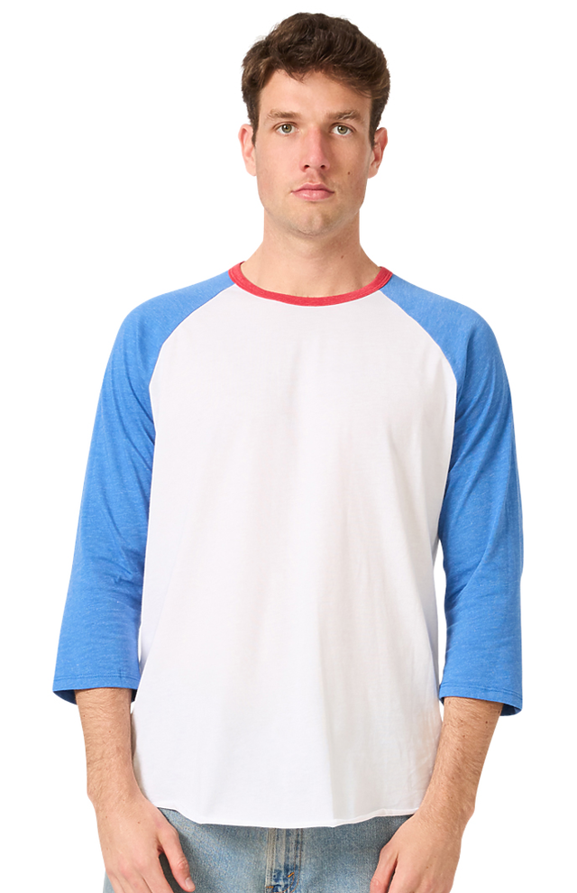 Royal Apparel 17160 Unisex Americana Raglan Baseball Shirt - White/H Sea Blue/H Cardinal