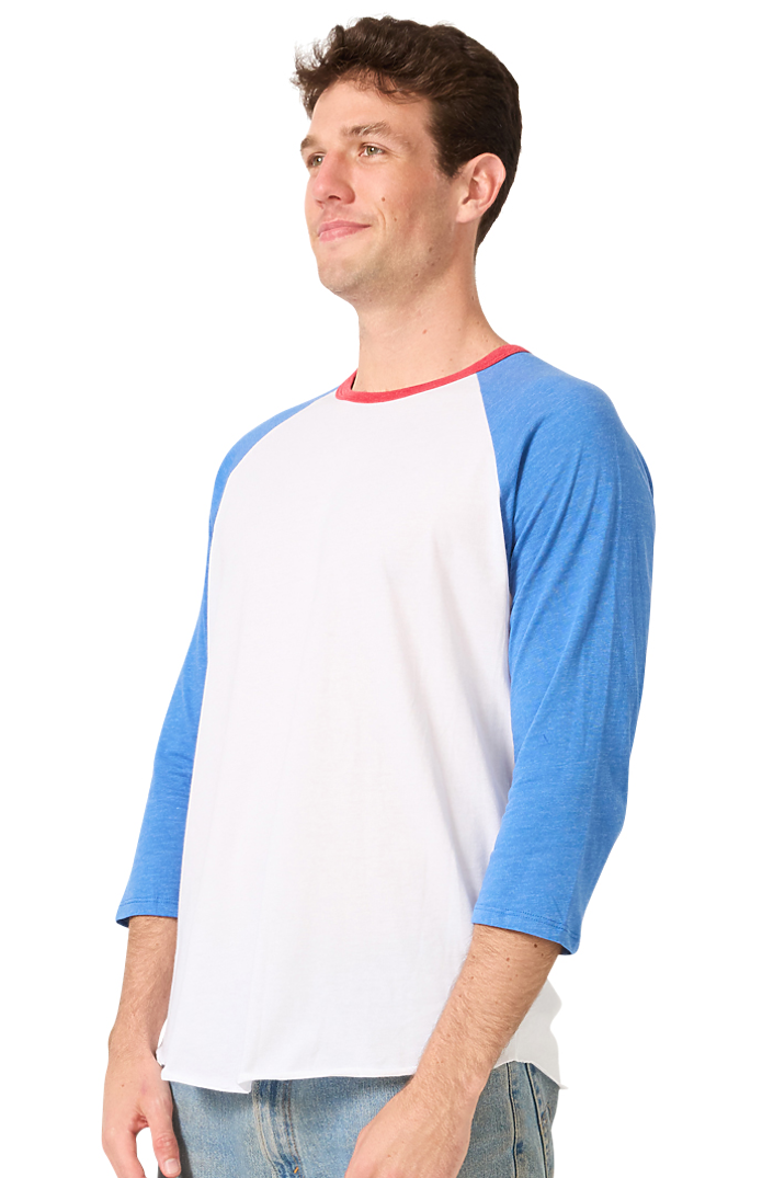 Royal Apparel 17160 Unisex Americana Raglan Baseball Shirt - White/H Sea Blue/H Cardinal