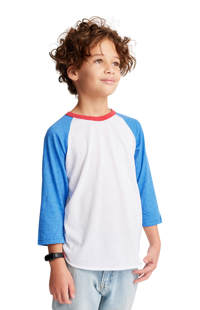 Royal Apparel 17220 Youth Americana Raglan Baseball Shirt - White/H Sea Blue/H Cardinal