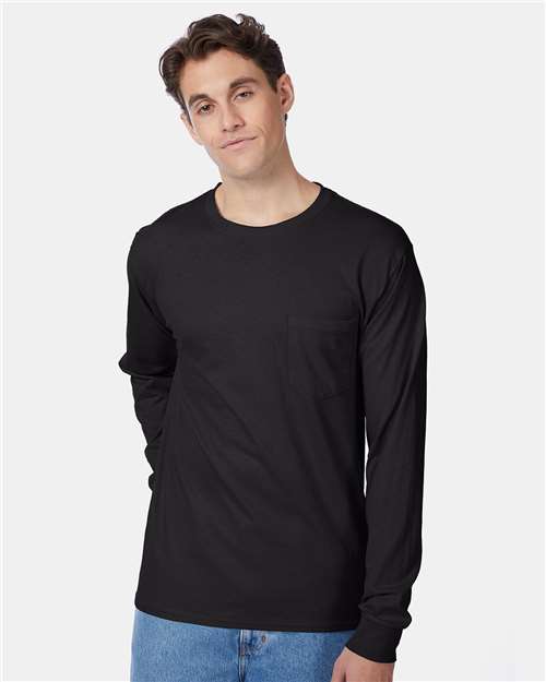 Hanes Authentic Long Sleeve Pocket T-Shirt - Hanes 5596 Hanes Black S