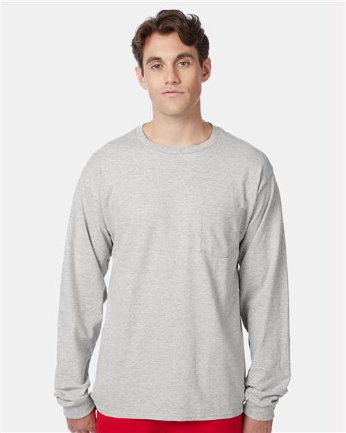 Hanes Authentic Long Sleeve Pocket T-Shirt - Hanes 5596 Hanes Light Steel S