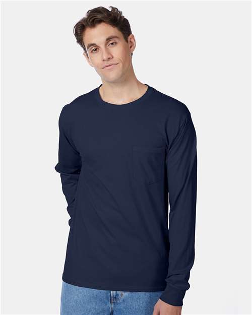 Hanes Authentic Long Sleeve Pocket T-Shirt - Hanes 5596 Hanes Navy S