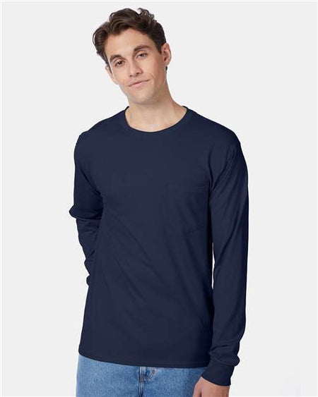 Hanes Authentic Long Sleeve Pocket T-Shirt - Hanes 5596 Hanes Navy S