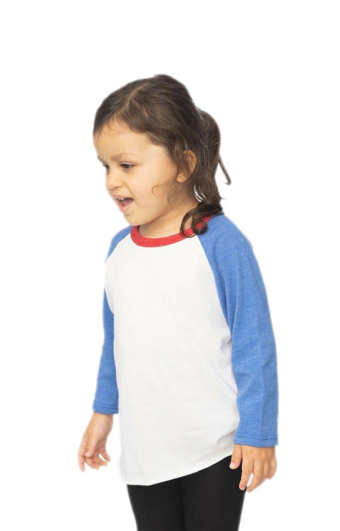 Royal Apparel 17660 Toddler Americana Raglan Baseball Shirt - White/H Sea Blue/H Cardinal
