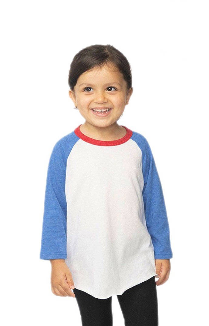 Royal Apparel 17660 Toddler Americana Raglan Baseball Shirt - White/H Sea Blue/H Cardinal