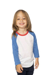 Royal Apparel 17660 Toddler Americana Raglan Baseball Shirt - White/H Sea Blue/H Cardinal
