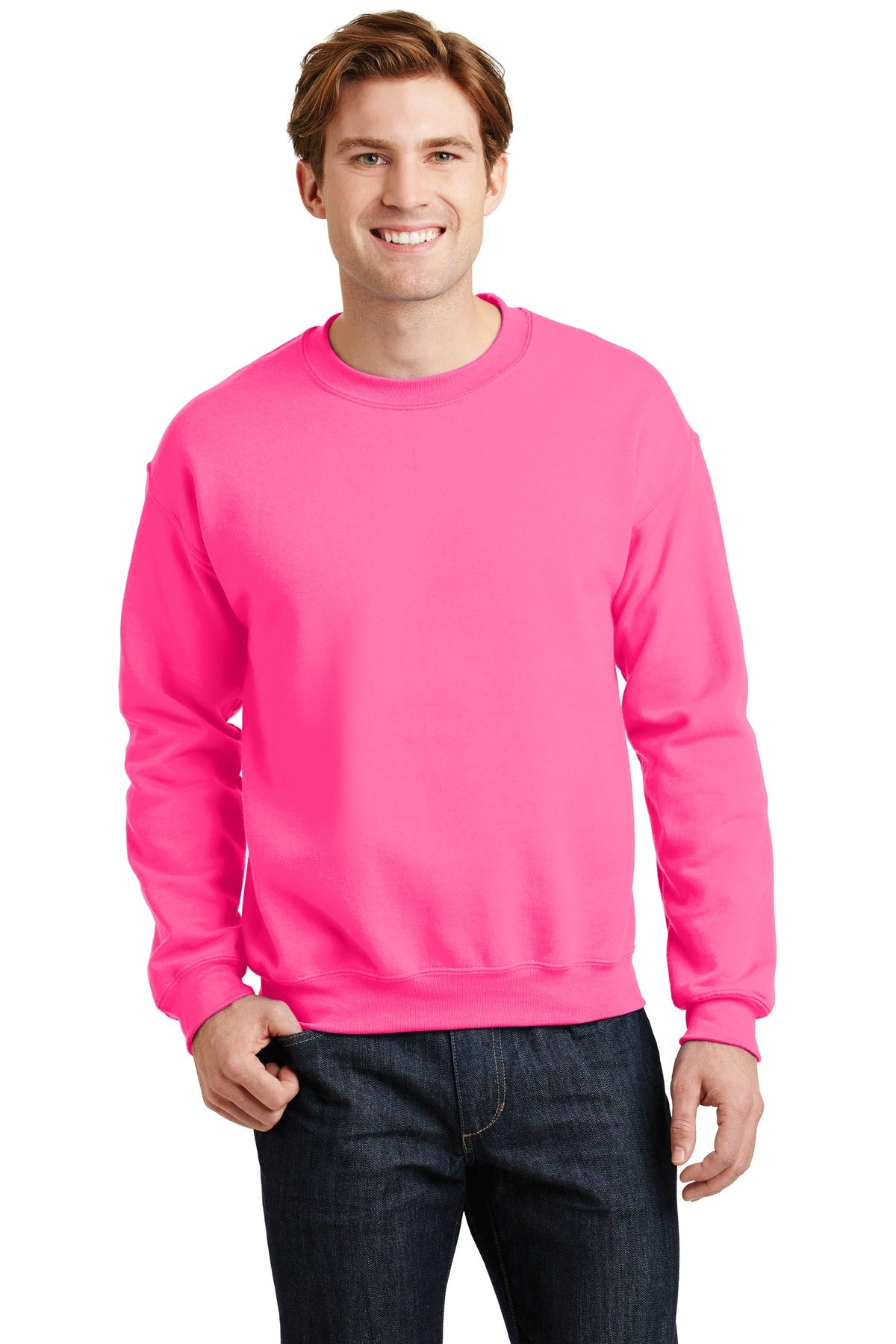Gildan G18000 Fleece Crewneck Sweatshirt - Safety Pink, Small - 50% Cotton 50% Polyester, Brushed Interior