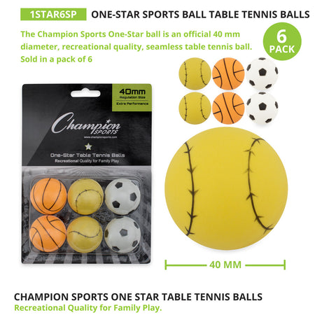 1-STAR TABLE TENNIS BALLS, PACK OF 6 ASSORTED
