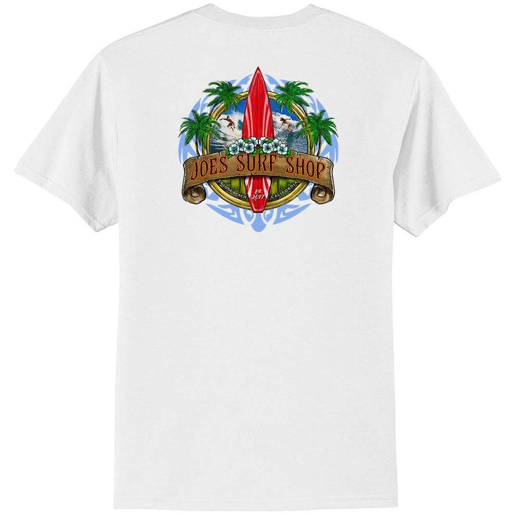 Joe's Surf Shop Longboard Design 50/50 Cotton Poly T-Shirts in Regular, Big and Tall