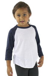 Royal Apparel 20660 Toddler Triblend Raglan Baseball Shirt - Tri White / Tri Denim Nvy