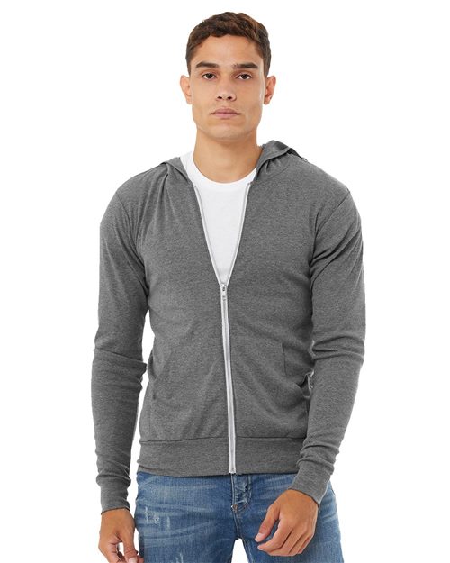 Bella + Canvas 3939 Unisex Triblend Lightweight Full-Zip Hooded Long Sleeve Tee