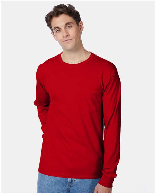 Hanes Authentic Long Sleeve Pocket T-Shirt - Hanes 5596 Hanes Deep Red S