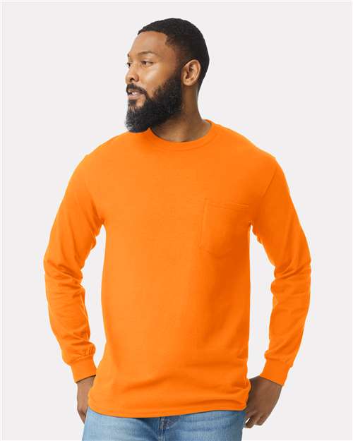 Gildan Ultra Cotton® Long Sleeve Pocket T-Shirt - Gildan 2410 Gildan Safety Orange S