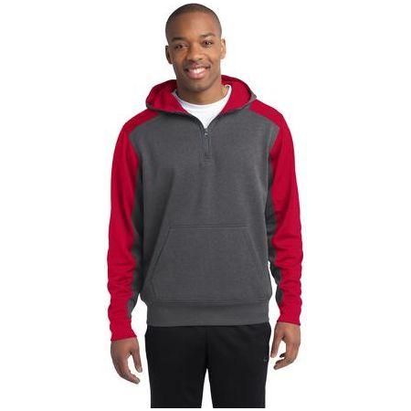 Mens Colorblock Tech Fleece 1/4-Zip Hooded Sweatshirt DRI-EQUIP Graphite Heather/ True Red Large