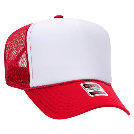 OTTO CAP 5 Panel High Crown Mesh Back Trucker Hat - OTTO Otto Cap 021602 - Red/Wht/Red OSFM - Adult