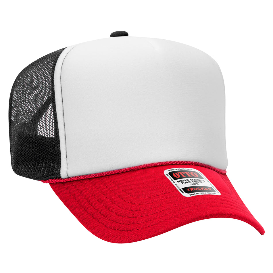 OTTO CAP 5 Panel High Crown Mesh Back Trucker Hat - OTTO Otto Cap 021603 - Red/Wht/Blk OSFM - Adult