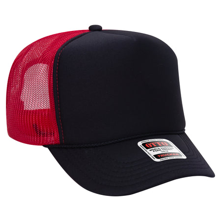 OTTO CAP 5 Panel High Crown Mesh Back Trucker Hat - OTTO Otto Cap 030302 - Blk/Blk/Red OSFM - Adult