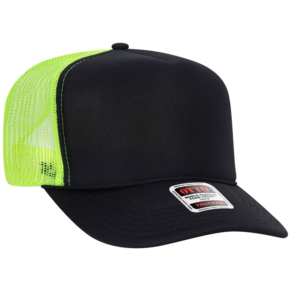 OTTO CAP 5 Panel High Crown Mesh Back Trucker Hat - OTTO Otto Cap 030340 - Blk/Blk/N.Ylw OSFM - Adult