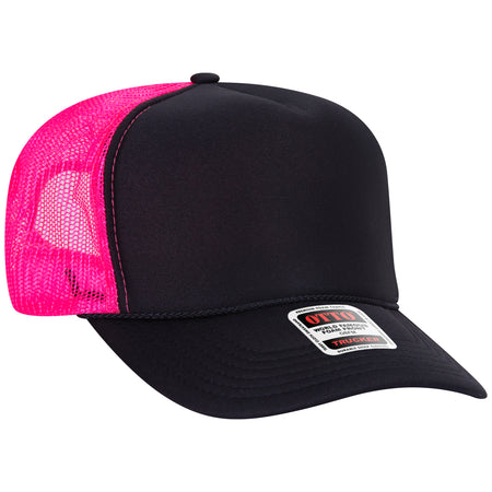 OTTO CAP 5 Panel High Crown Mesh Back Trucker Hat - OTTO Otto Cap 030389 - Blk/Blk/N.Pnk OSFM - Adult