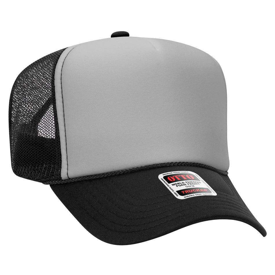 OTTO CAP 5 Panel High Crown Mesh Back Trucker Hat - OTTO Otto Cap 031403 - Blk/Gry/Blk OSFM - Adult