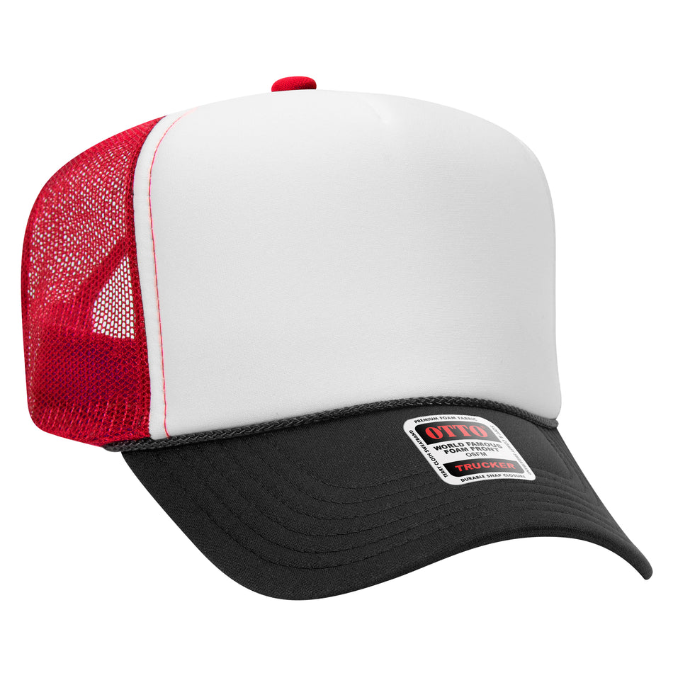 OTTO CAP 5 Panel High Crown Mesh Back Trucker Hat - OTTO Otto Cap 031602 - Blk/Wht/Red OSFM - Adult