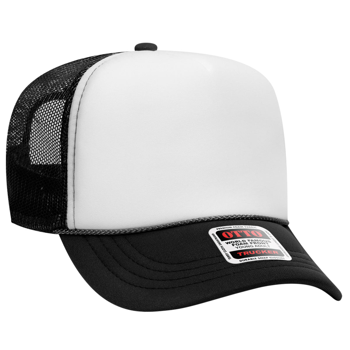 OTTO CAP 5 Panel High Crown Mesh Back Trucker Hat - OTTO Otto Cap 031603 - Blk/Wht/Blk Young Adult