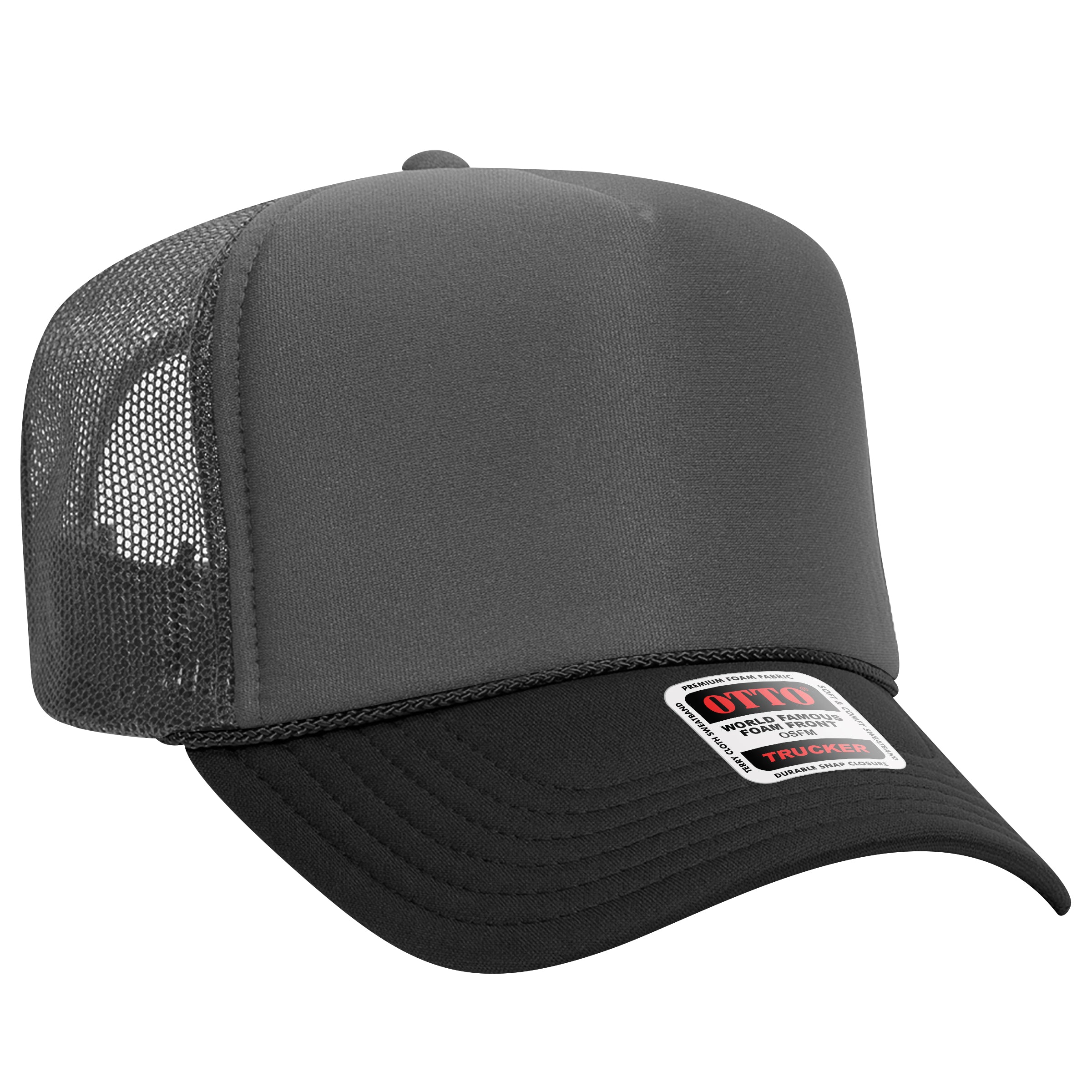 OTTO CAP 5 Panel High Crown Mesh Back Trucker Hat - OTTO Otto Cap 032525 - Blk/Ch.Gry/Ch.Gry OSFM - Adult