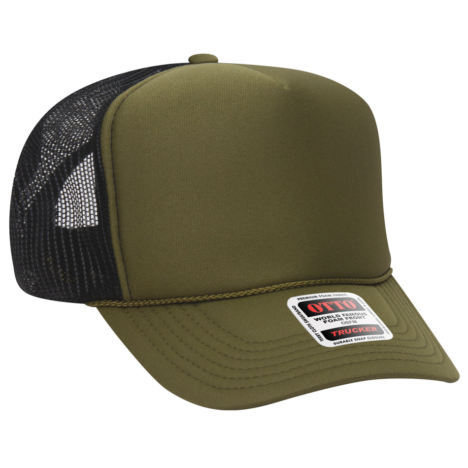 OTTO CAP 5 Panel High Crown Mesh Back Trucker Hat - OTTO Otto Cap 212103 - Ol.Grn/Ol.Grn/Blk OSFM - Adult