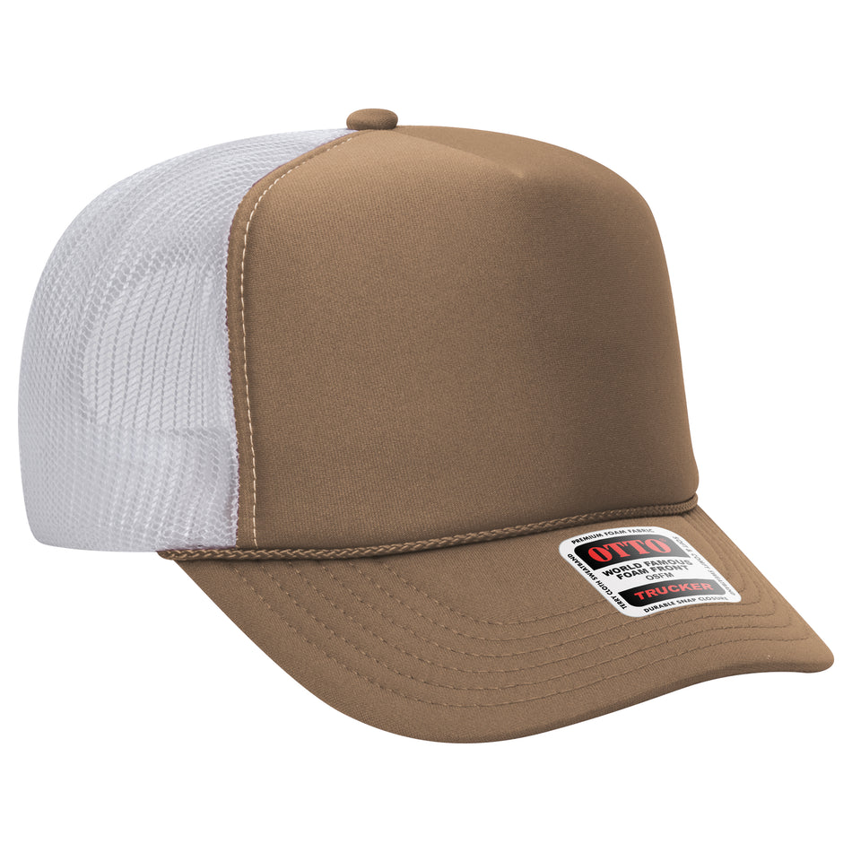 OTTO CAP 5 Panel High Crown Mesh Back Trucker Hat - OTTO Otto Cap 535316 - Dk.Kha/Dk.Kha/Wht OSFM - Adult