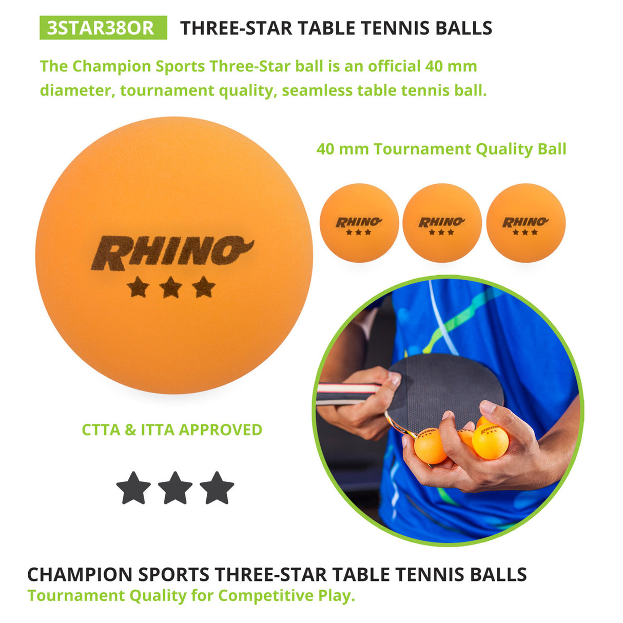 Champion Sports 3-STAR TOURNAMENT TABLE TENNIS BALLS WHITE, PACK OF 6