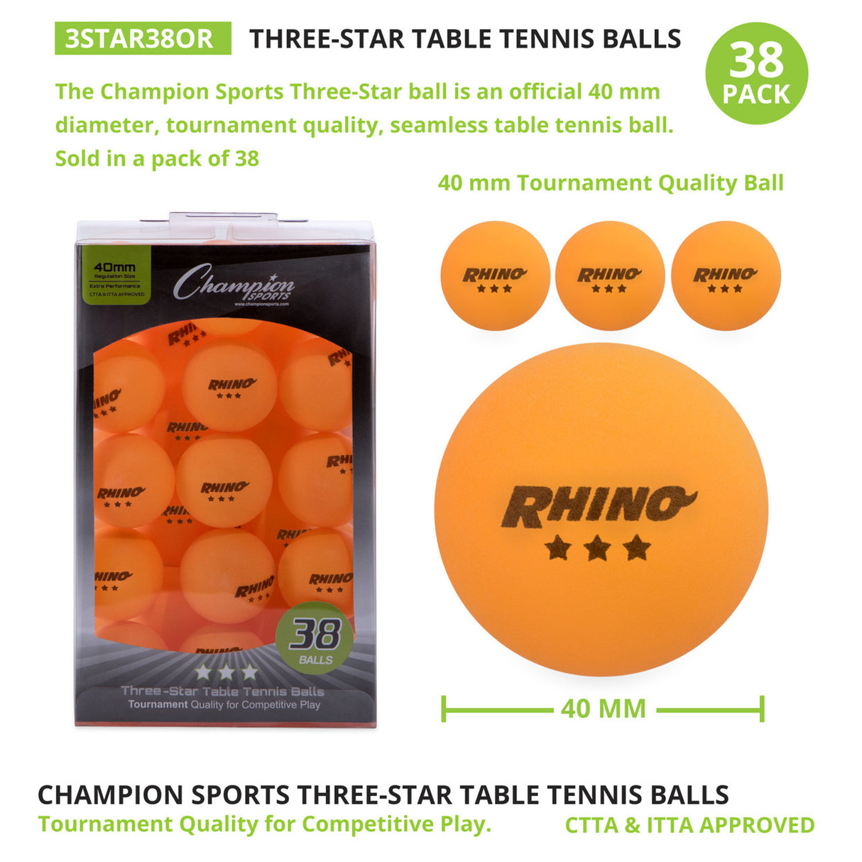 Champion Sports 3-STAR TOURNAMENT TABLE TENNIS BALLS WHITE, PACK OF 6
