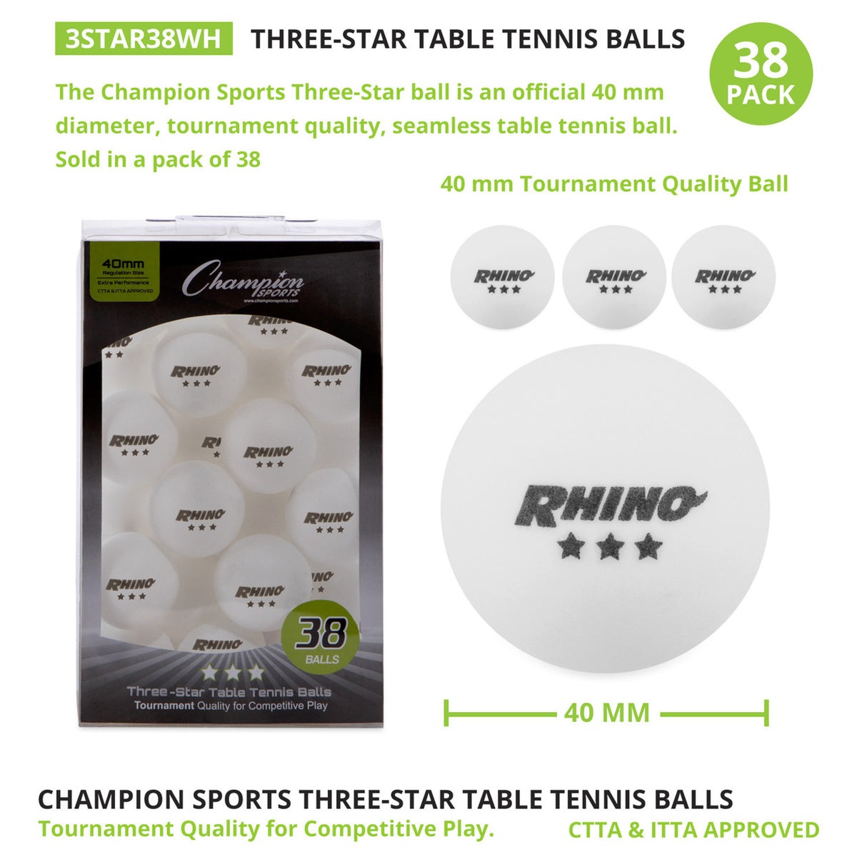 Champion Sports 3-STAR TOURNAMENT TABLE TENNIS BALLS WHITE, PACK OF 6