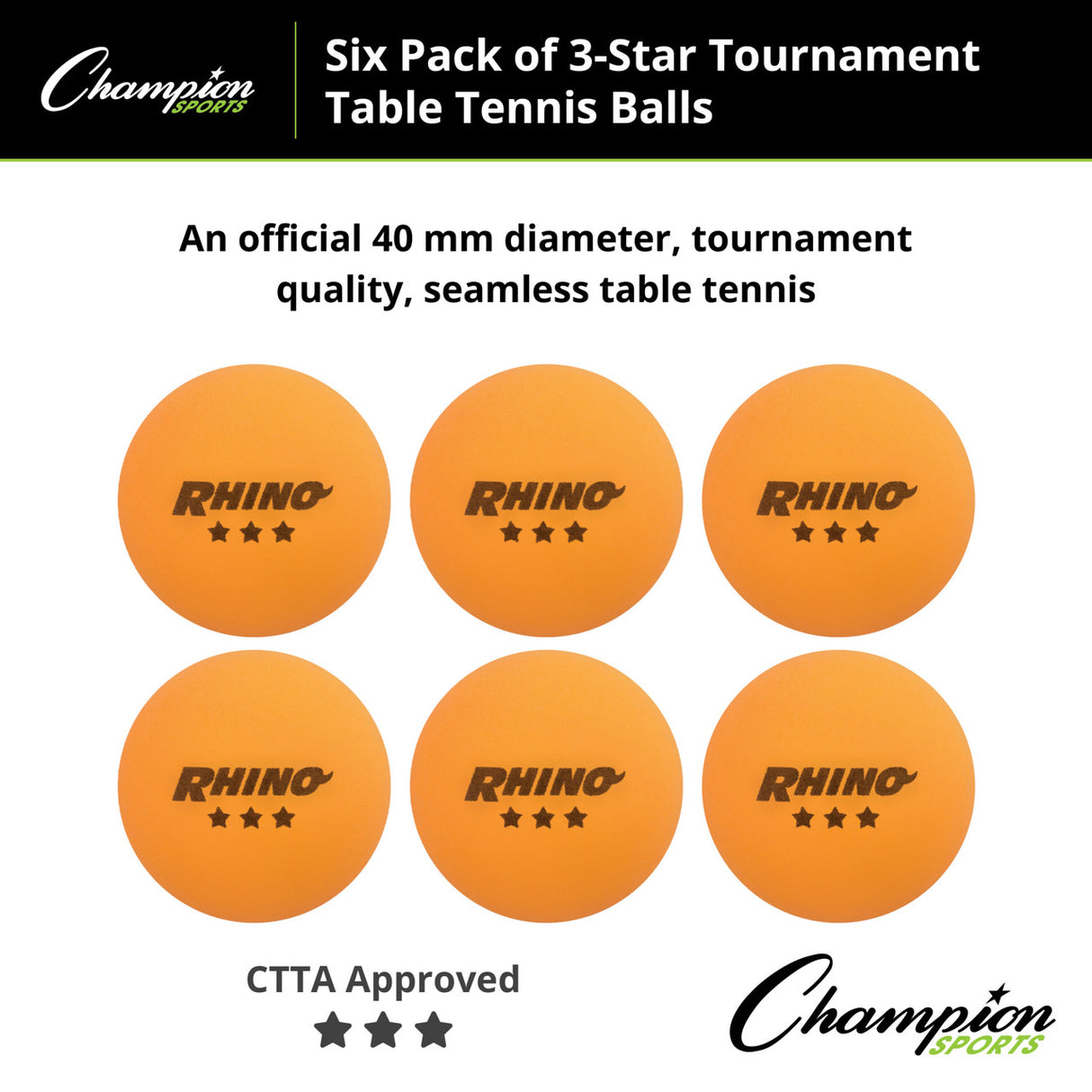 Champion Sports 3-STAR TOURNAMENT TABLE TENNIS BALLS WHITE, PACK OF 6