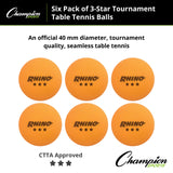 Champion Sports 3-STAR TOURNAMENT TABLE TENNIS BALLS WHITE, PACK OF 6