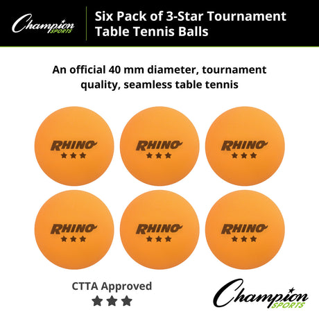 Champion Sports 3STR6WH 3-STAR Tournament Table Tennis Balls White, Pack of 6