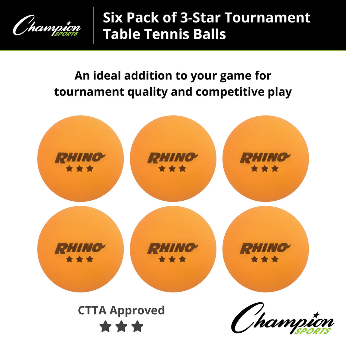 Champion Sports 3-STAR TOURNAMENT TABLE TENNIS BALLS WHITE, PACK OF 6