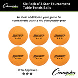 Champion Sports 3-STAR TOURNAMENT TABLE TENNIS BALLS WHITE, PACK OF 6