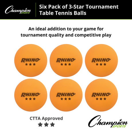 Champion Sports 3STR6WH 3-STAR Tournament Table Tennis Balls White, Pack of 6