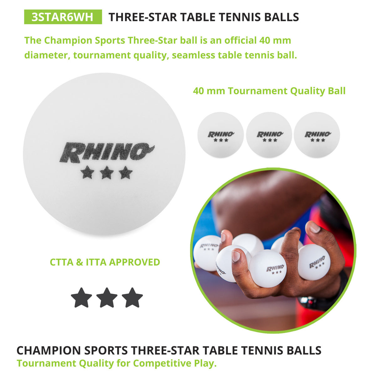 Champion Sports 3-STAR TOURNAMENT TABLE TENNIS BALLS WHITE, PACK OF 6