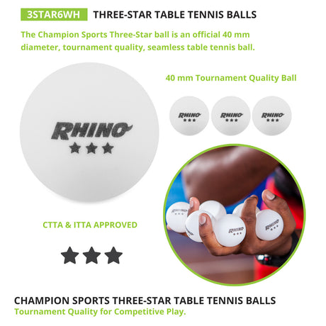 Champion Sports 3STR6WH 3-STAR Tournament Table Tennis Balls White, Pack of 6