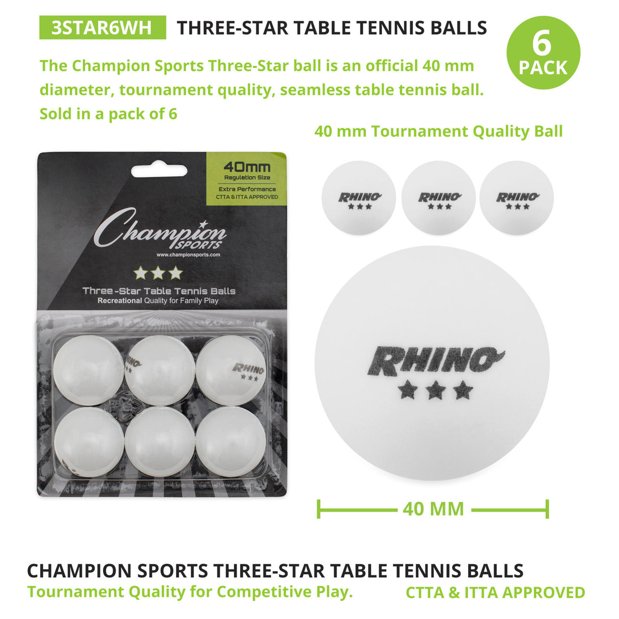 Champion Sports 3-STAR TOURNAMENT TABLE TENNIS BALLS WHITE, PACK OF 6