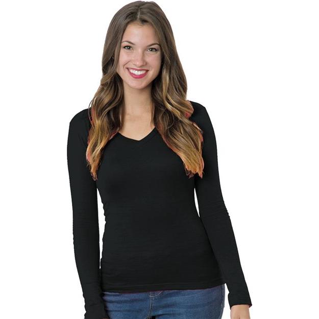 Bayside Women's USA-Made Deep V-Neck Long Sleeve T-Shirt - Bayside 3415 Bayside Black XS