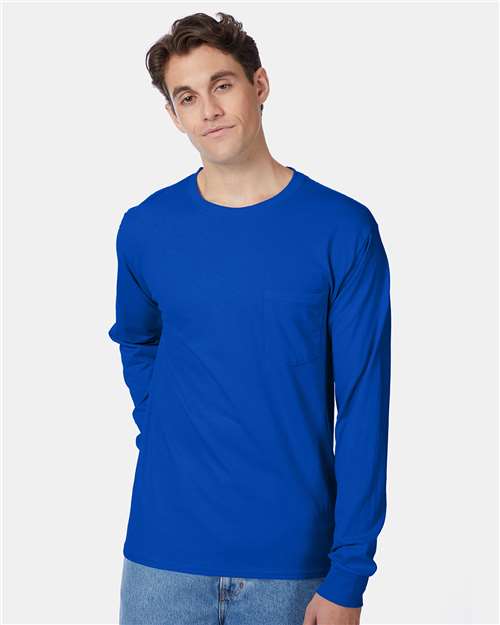 Hanes Authentic Long Sleeve Pocket T-Shirt - Hanes 5596 Hanes Deep Royal S