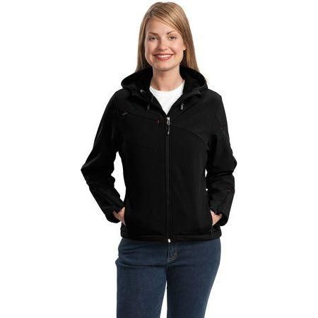 Ladies Textured Hooded Soft Shell Jacket Joe's USA Black/Engine Red Small