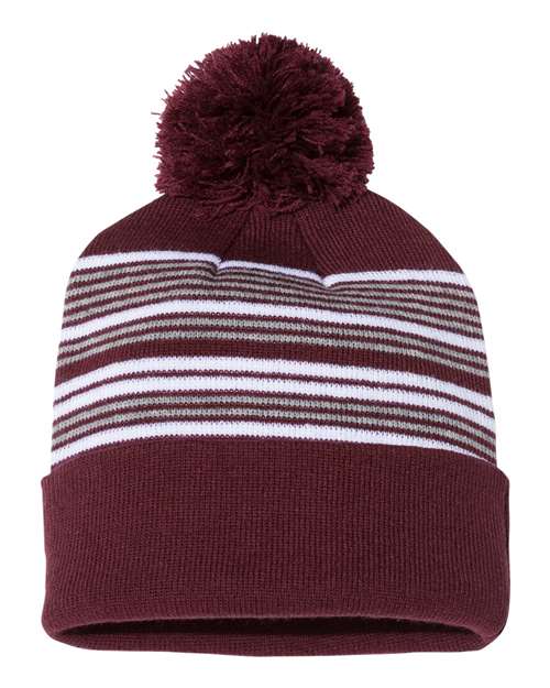 Sportsman 12" Striped Pom-Pom Cuffed Beanie - Sportsman SP60 Sportsman Maroon/ White/ Grey One Size