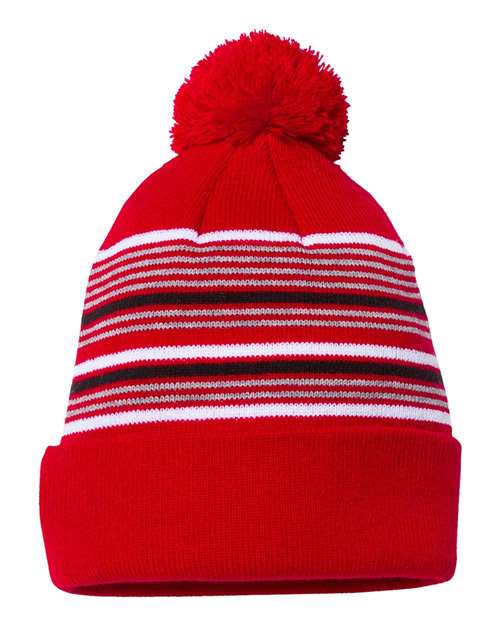 Sportsman 12" Striped Pom-Pom Cuffed Beanie - Sportsman SP60 Sportsman Red/ White/ Grey/ Black One Size