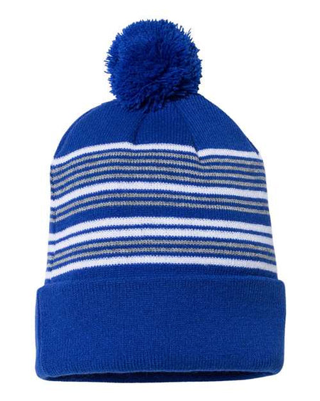 Sportsman 12" Striped Pom-Pom Cuffed Beanie - Sportsman SP60 Sportsman Royal/ White/ Grey One Size