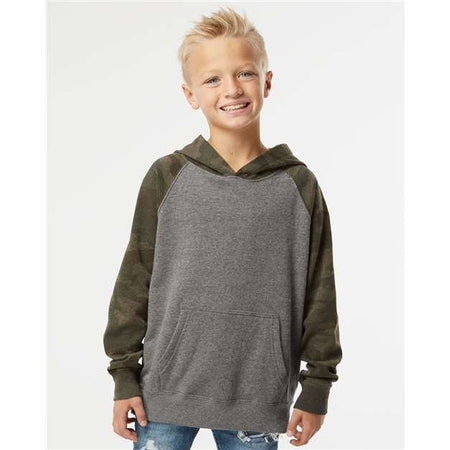 Independent Trading Co. Youth Lightweight Special Blend Raglan Hooded Sweatshirt - Independent Trading Co. PRM15YSB Independent Trading Co. Nickel Heather/ Forest Camo XS